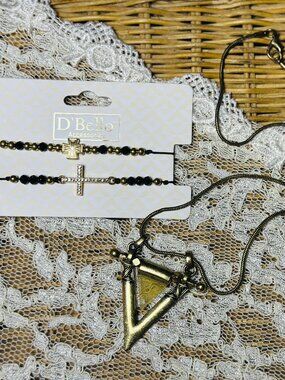 Geometric Statement Set: Artisan Triangle Necklace & Layered Cross Bracelets